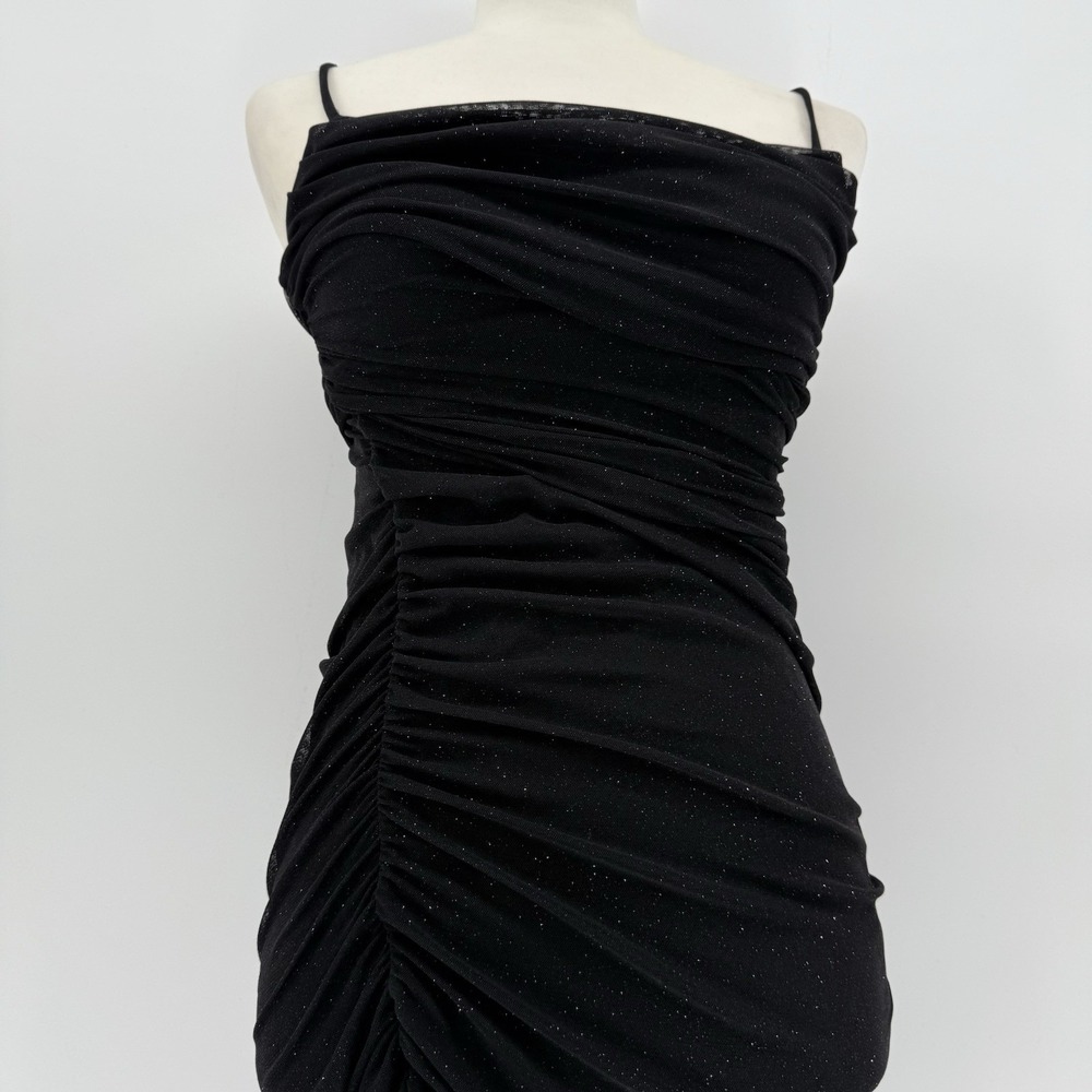 Y2K Black Mesh Glitter Ruched Slip Midi Dress Midi 2000s Club True Vintage Small